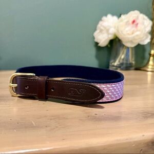 Vineyard Vines Boys Belt Size 24 Pink Whale Canvas Leather Trim Brass Buckle